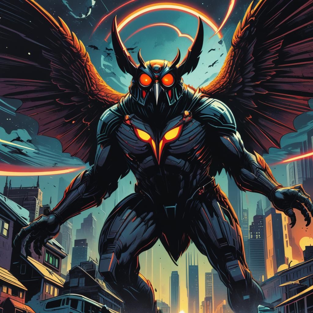 Spectacular Mothman Comic Book Art in Retro Futurism Style
