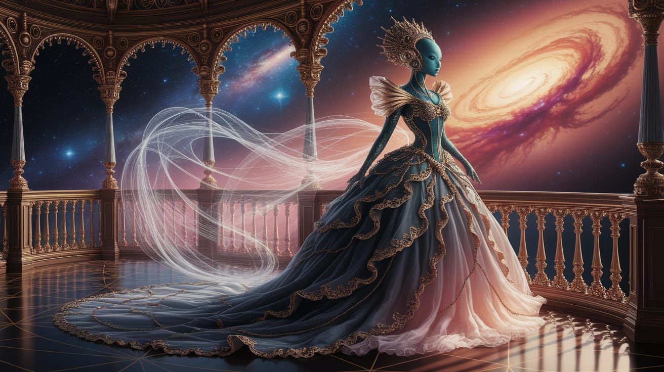 Regal Alien Queen in Steampunk Attire Overlooking Nebula