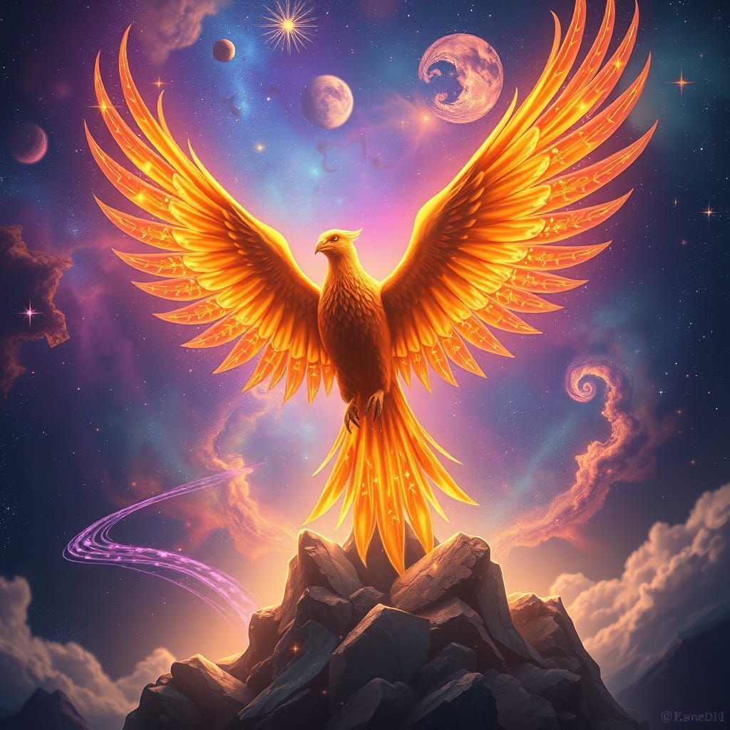Celestial Phoenix Rising from Galaxy, Digital Art