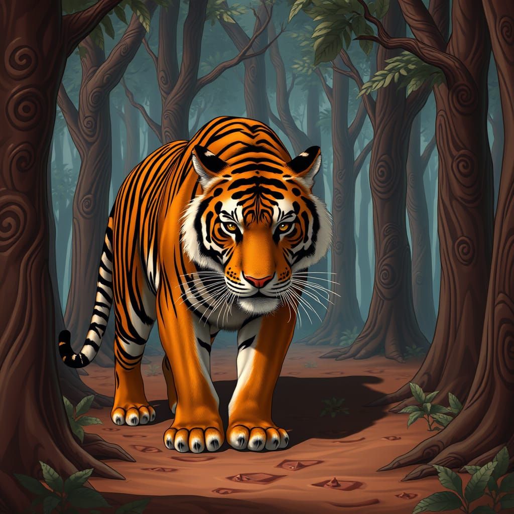 Chocolate Tiger Roams Whimsical Forest in Anime Realism