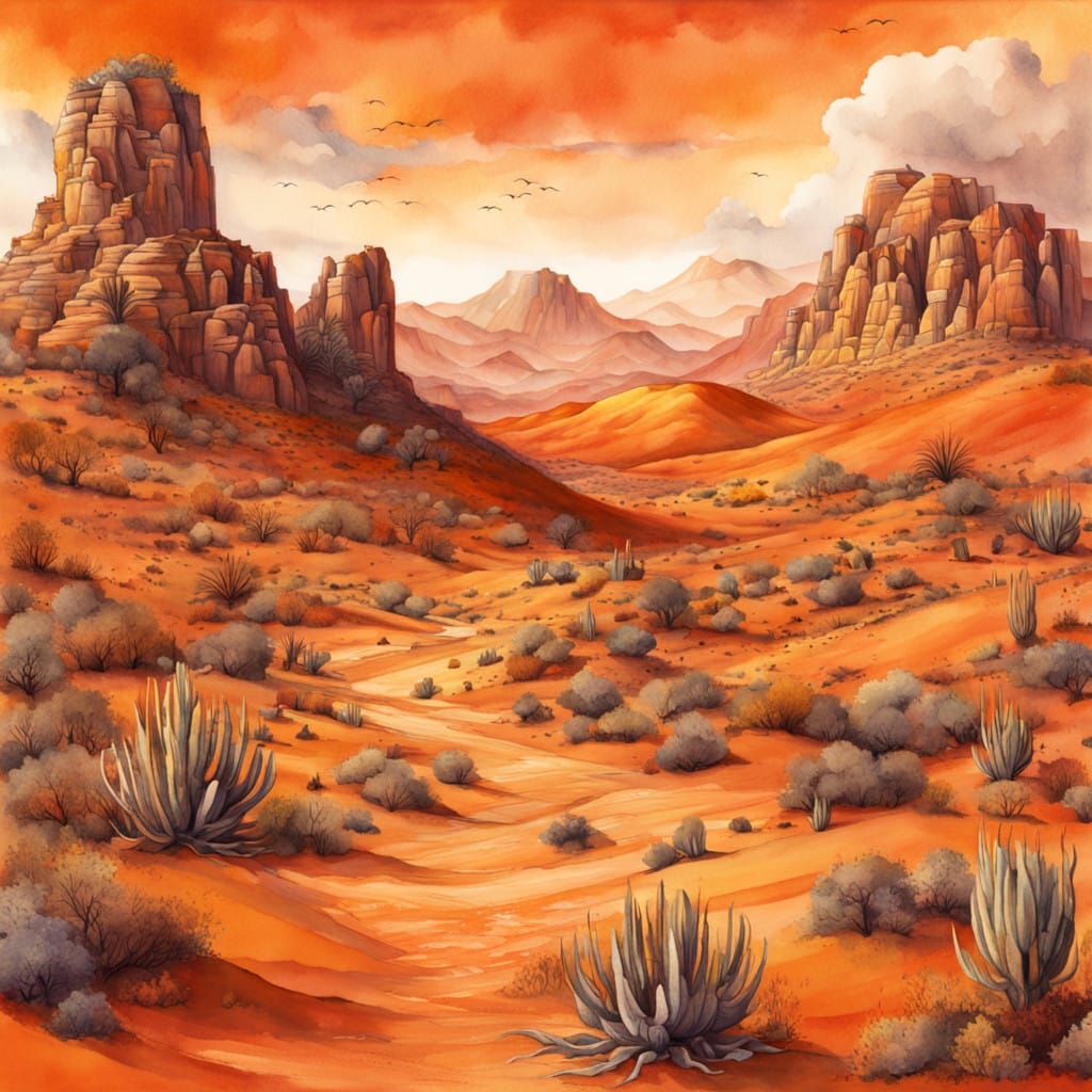 Vibrant Hyperrealistic Desert Scene in Watercolour Style