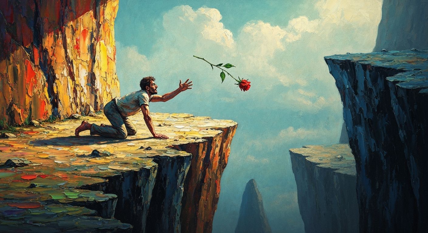 Man Reaching for Falling Rose at Cliff Edge in Expressionist...