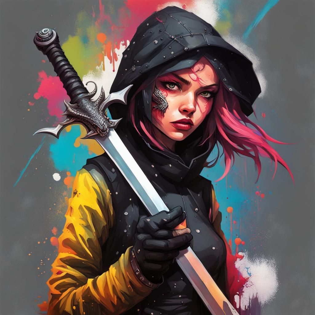 Rebel Girl and Dragon in Graffiti Splash Art