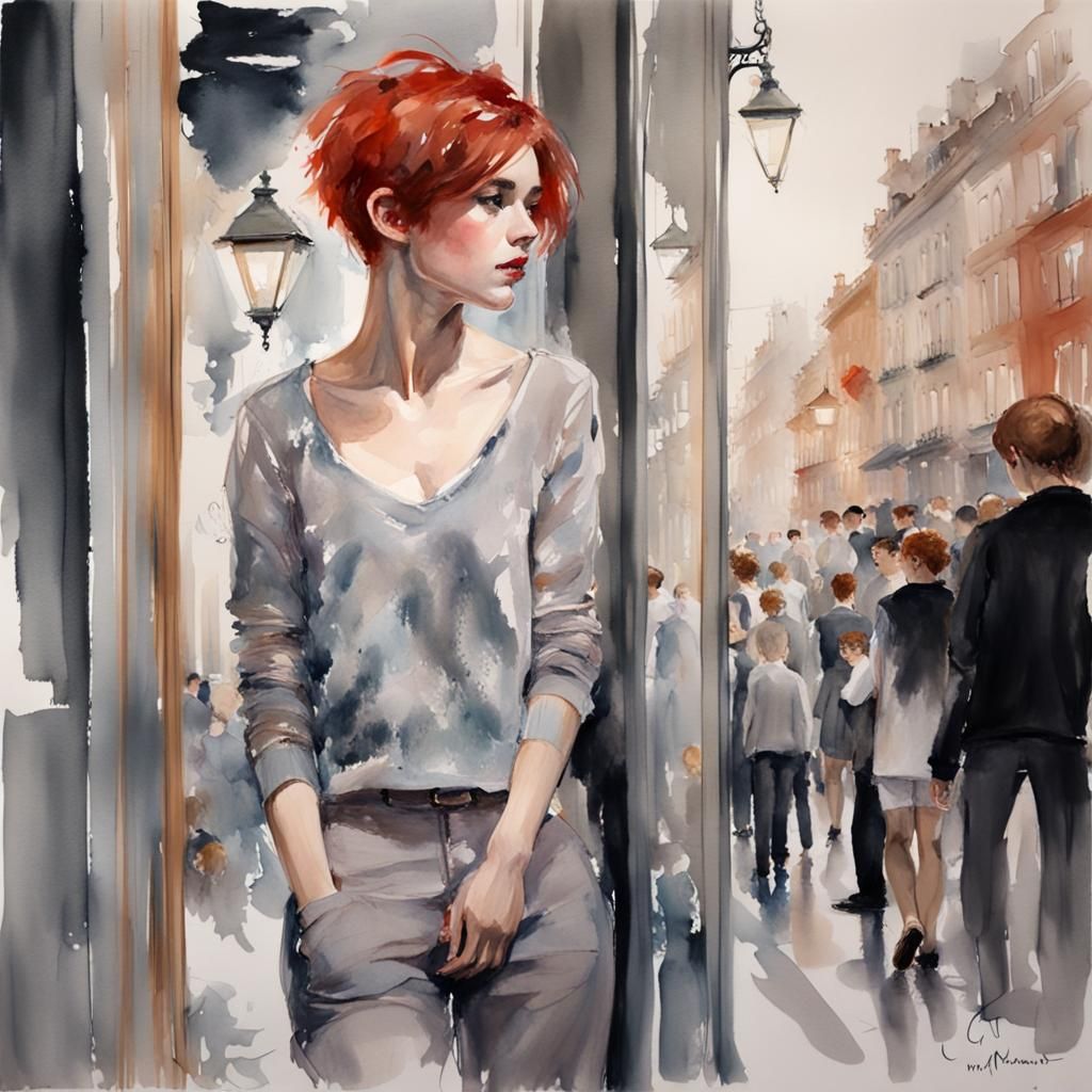 Watercolor of Androgynous Youth Gazing into Shop