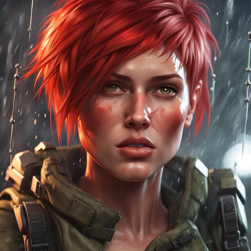 Female Soldier in Steamy Shower, Hyperdetailed Portrait