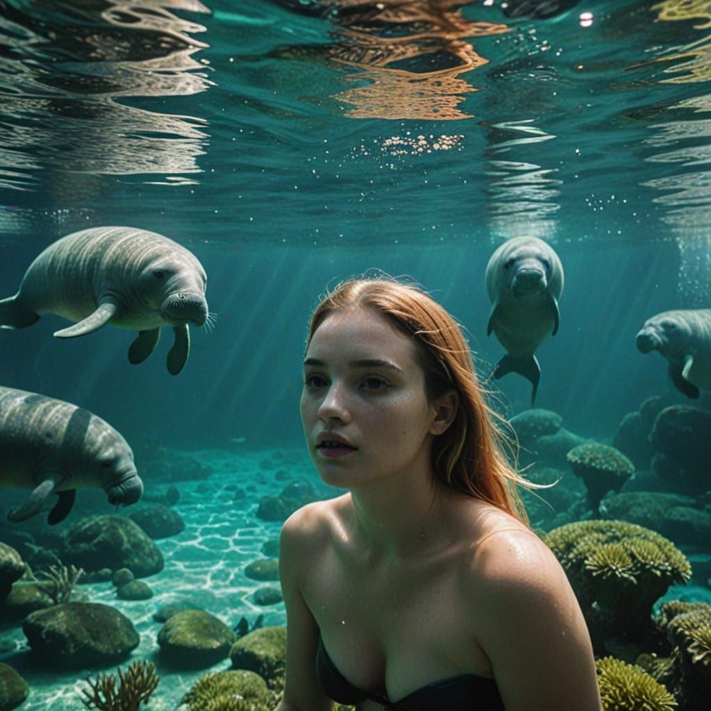 Woman Swims with Manatees in Turquoise Water