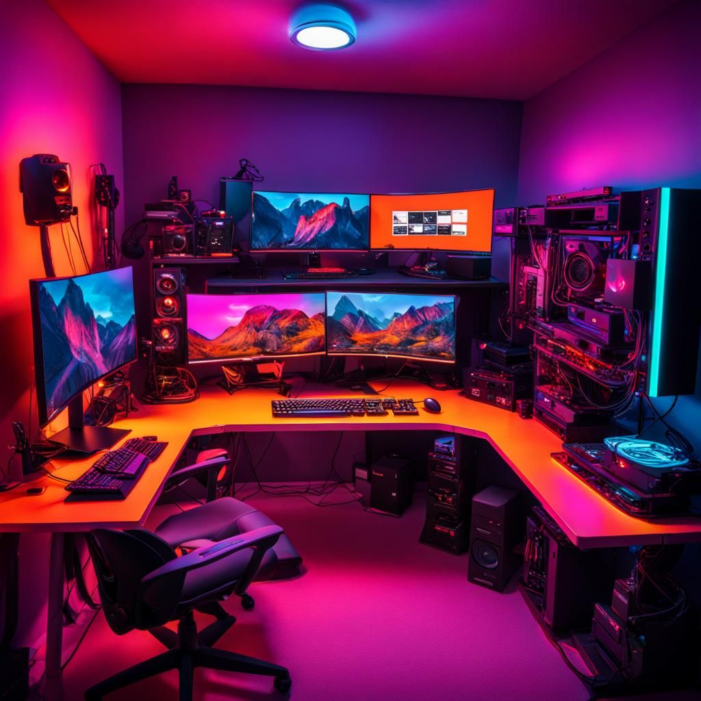 Fox Gaming Setup in Hyperrealistic Neon Style