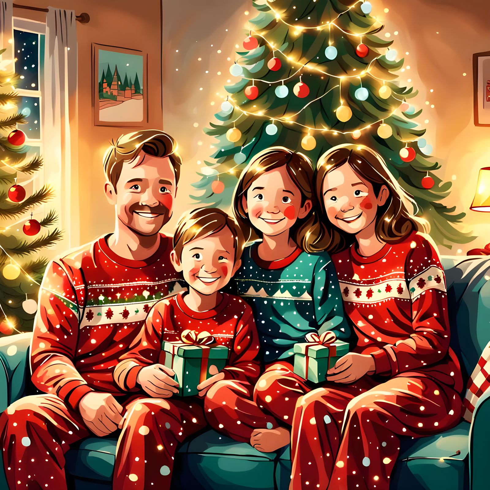 Cozy Family Snuggled Up in Holiday Pajamas