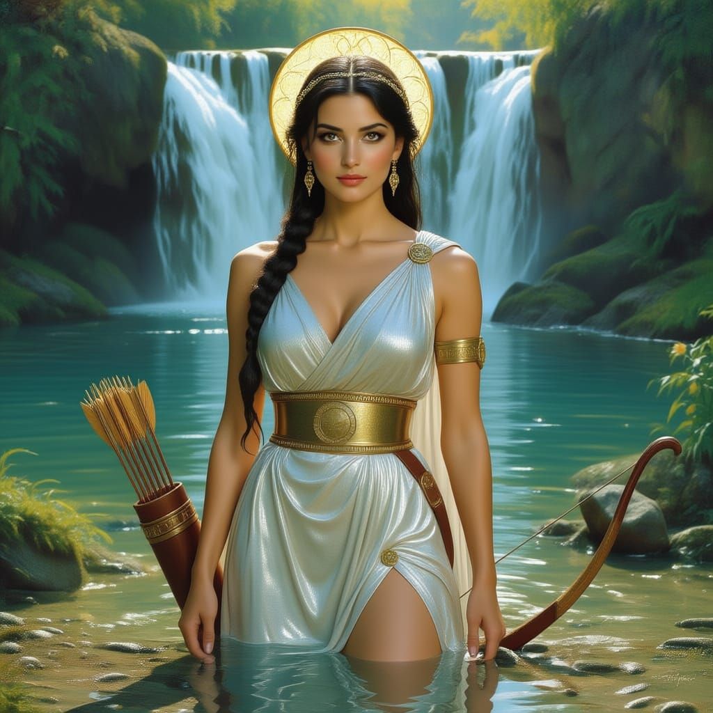 Grecian Goddess Artemis by Moonlit Pond
