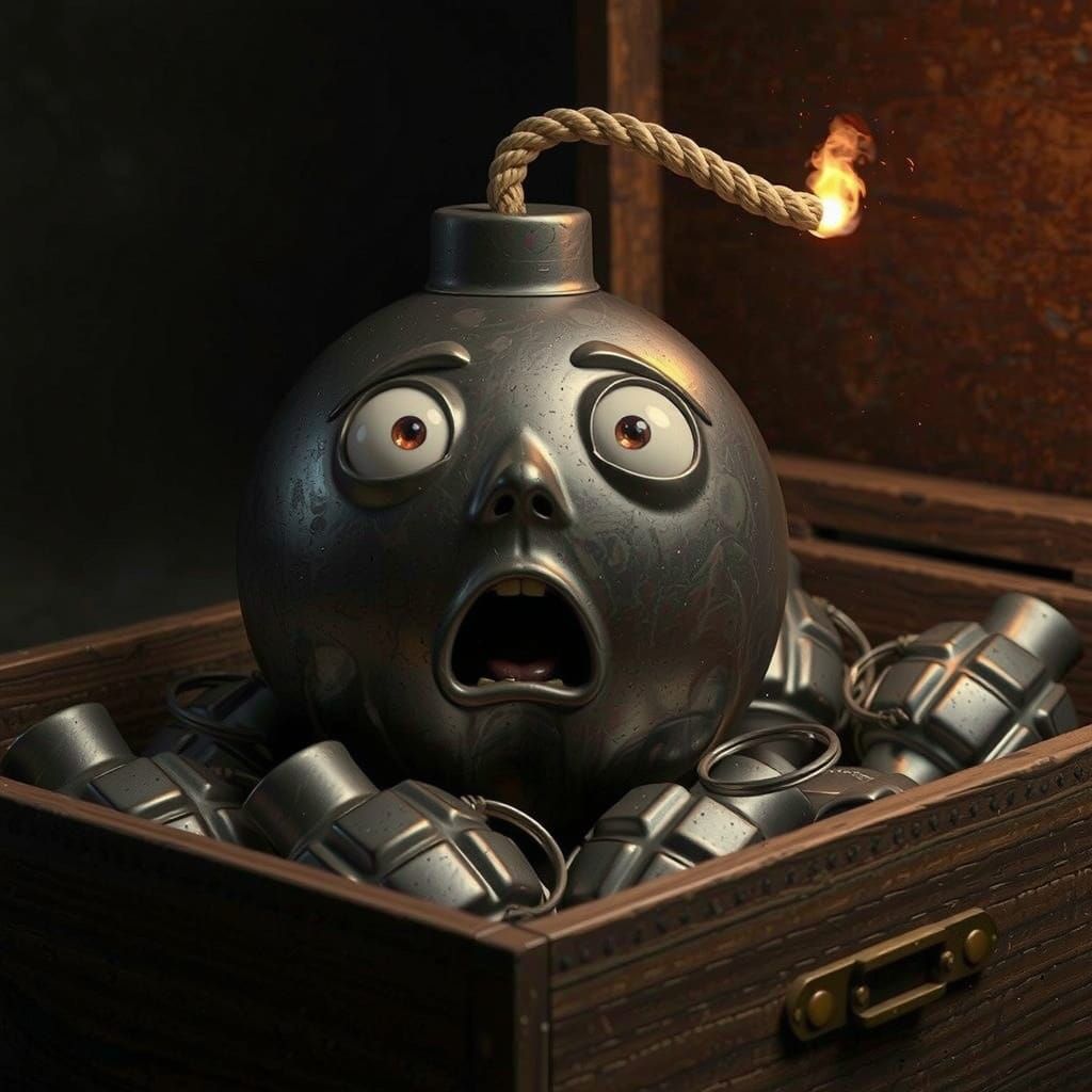 Shocked Bomb in Wooden Box, Photorealistic