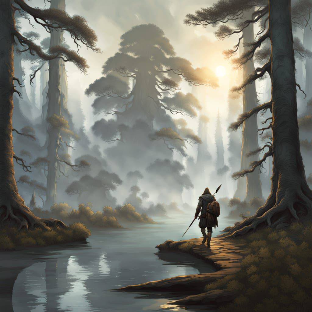 Mystical Traveler in Foggy Swamp Forest