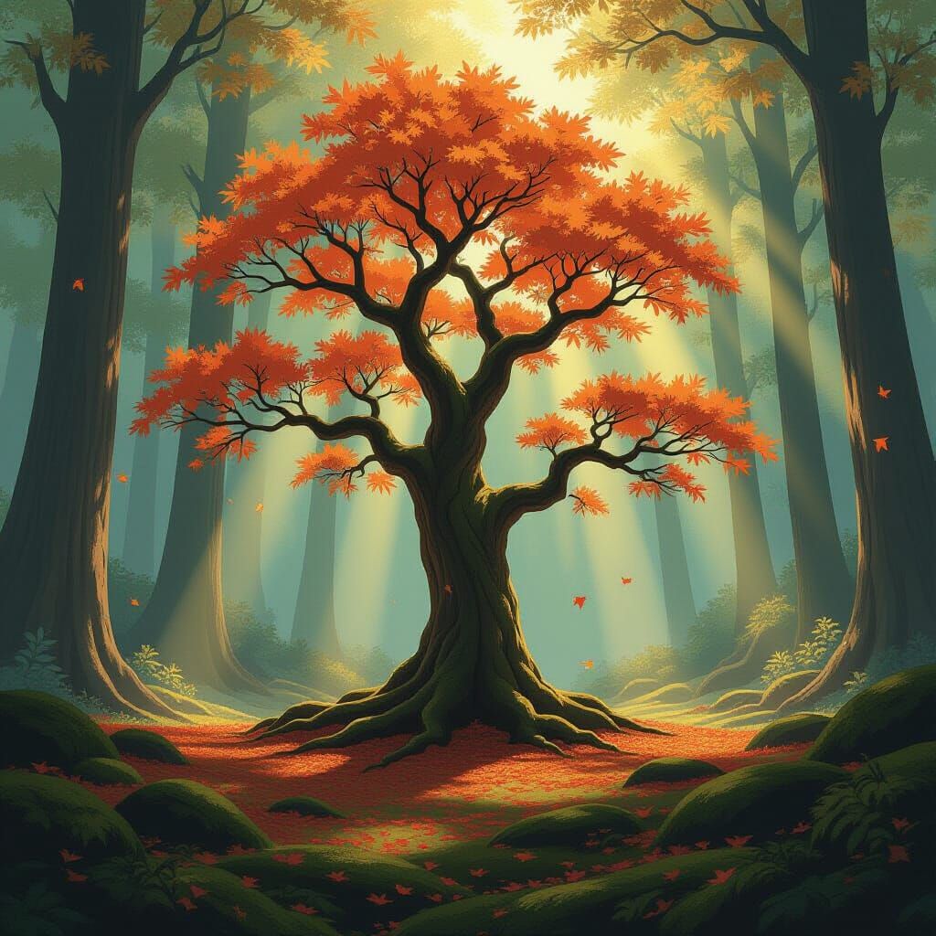 Ancient Autumn Tree in Misty Enchanted Forest