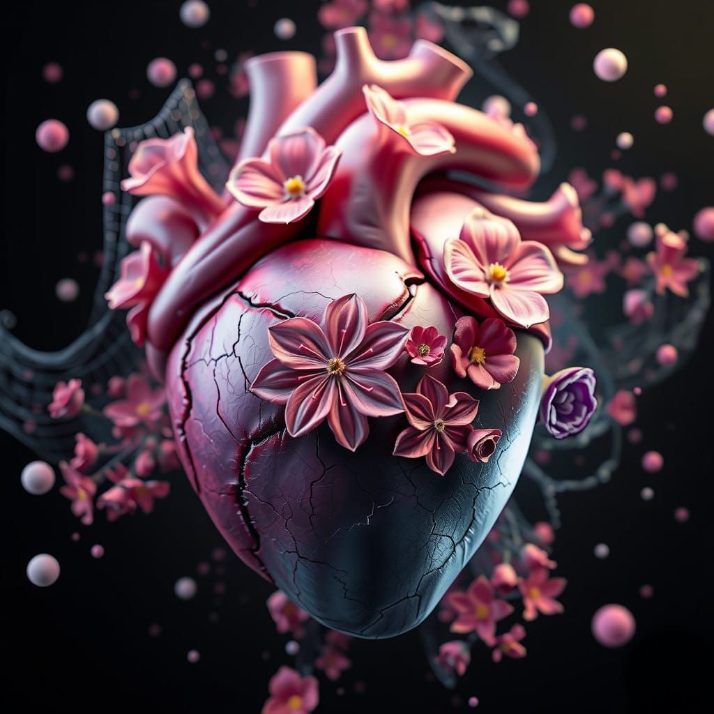 Heart Mends with Vibrant Blooms in Whimsical Fantasy Art