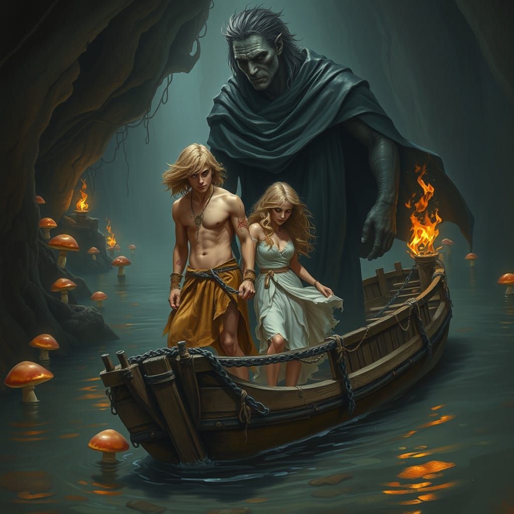 Fiery Captive Couple Adrift in Dark, Gothic Realm