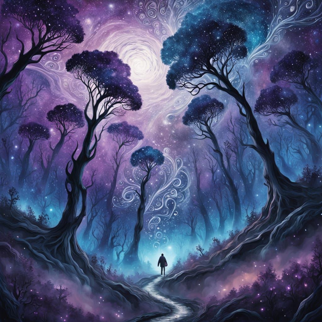 Mysterious Forest Under Cosmic Starry Sky, Zentangle Art