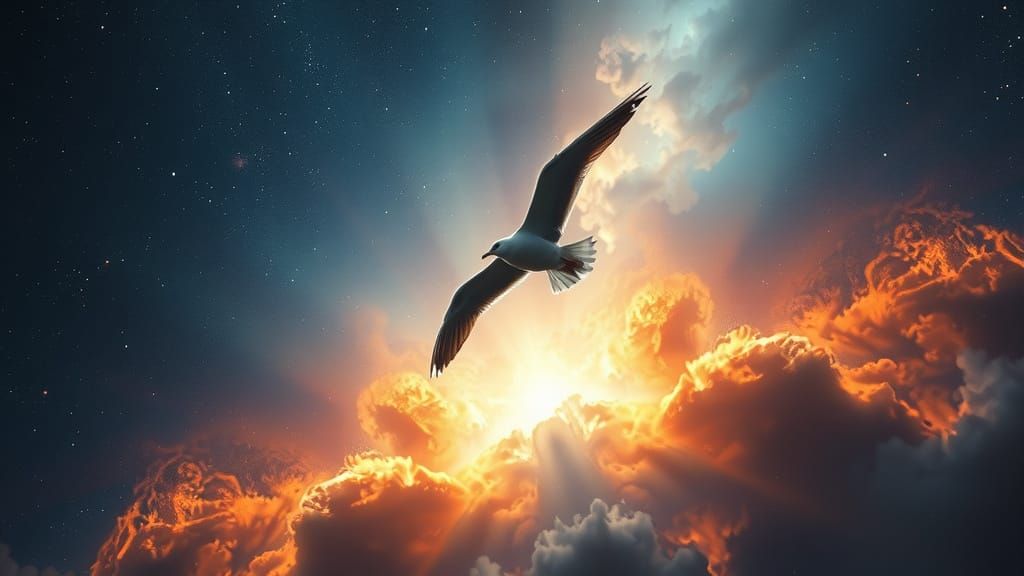 Lone Seagull Soars Through Cosmic Nebula