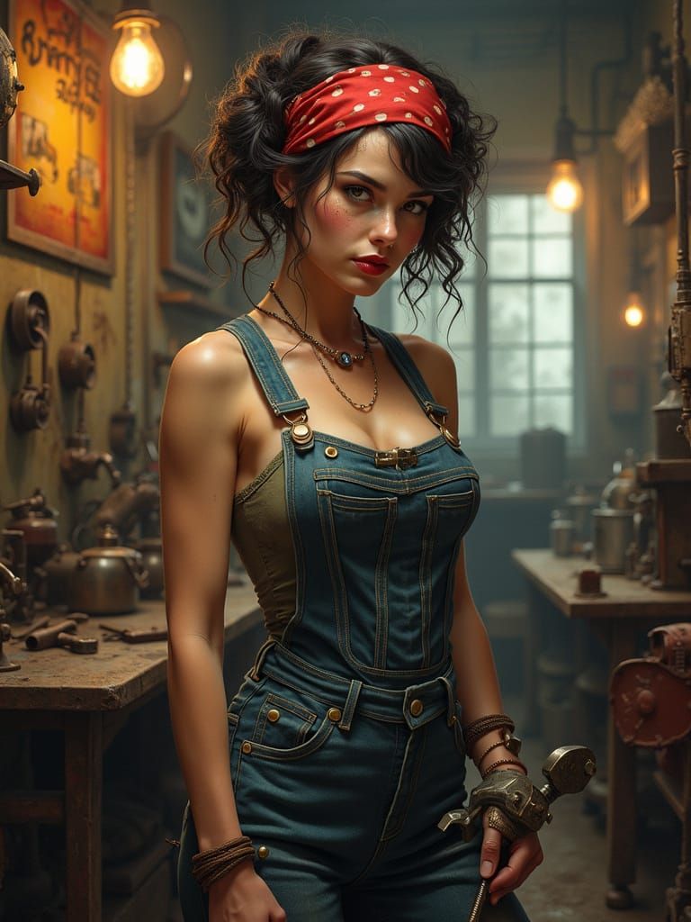 Dieselpunk Mechanic Girl in Chaotic Workshop