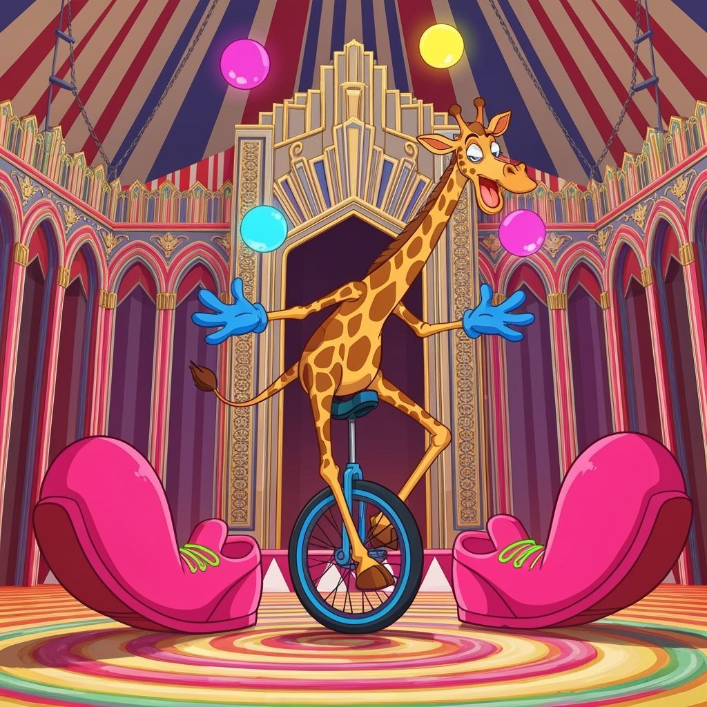 Whimsical Giraffe Juggling Orbs in Rubberhose Style