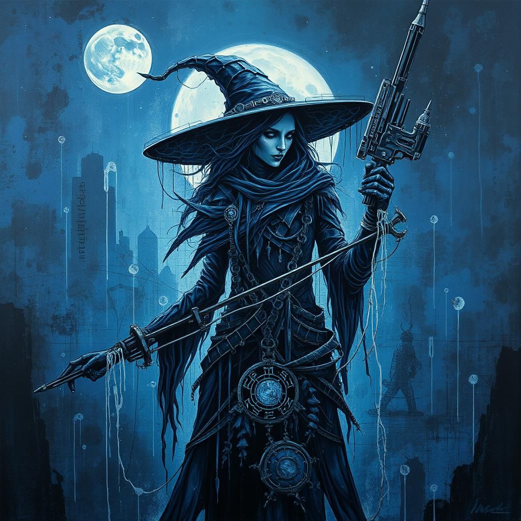 Cyberpunk Witch in Impasto Abstract Surrealism