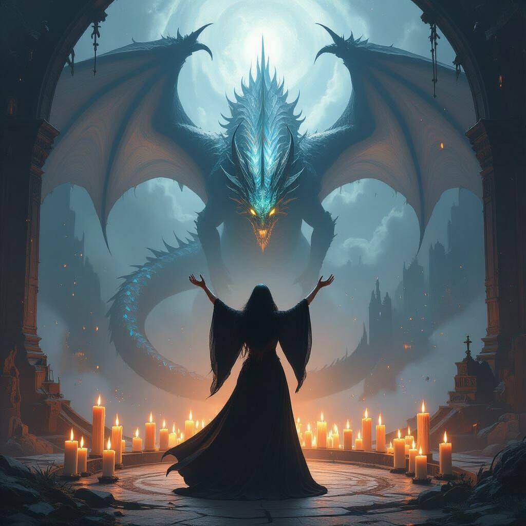Sorceress Summons Ethereal Dragon in Dark Fantasy Style