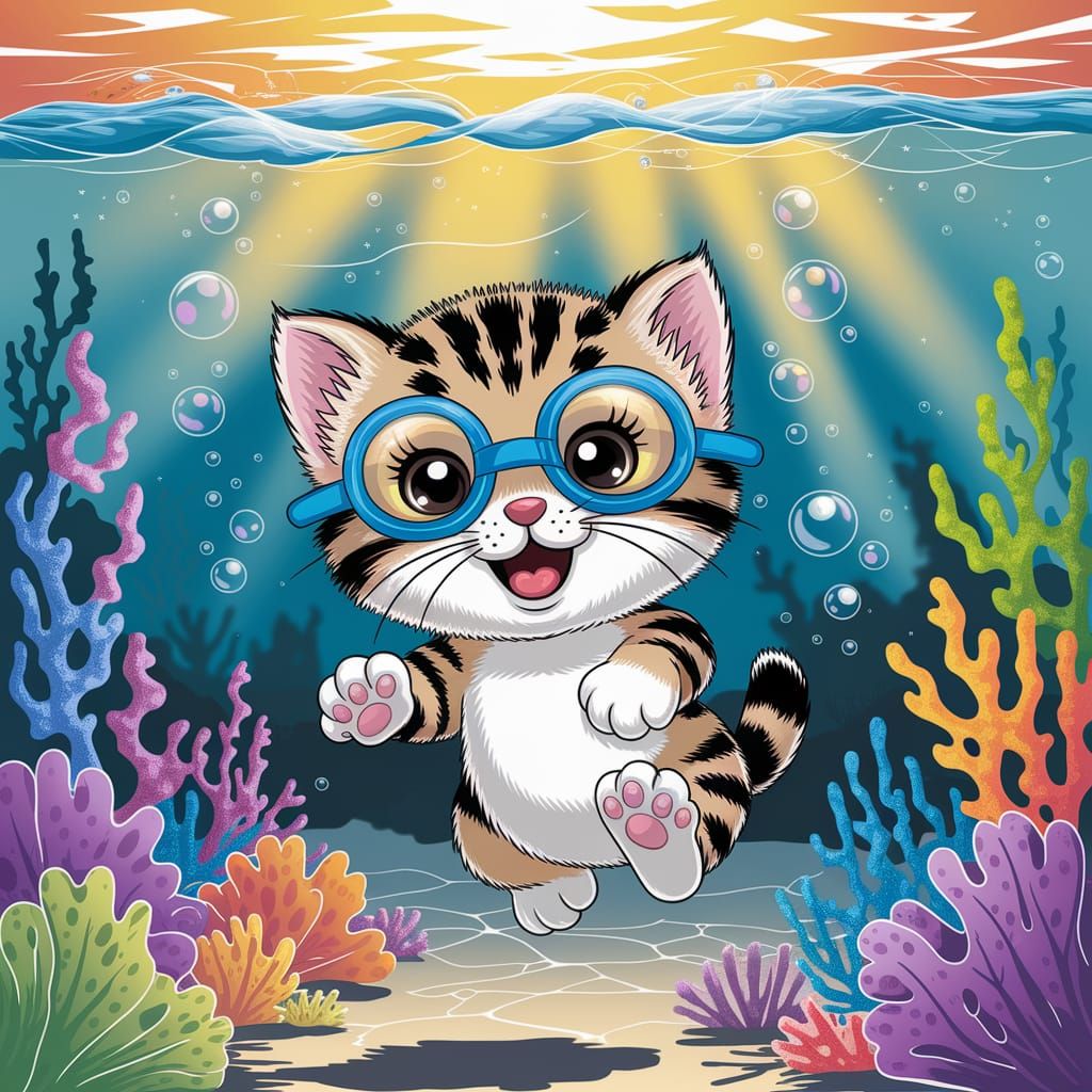 Cute Kitten Swimming Underwater in Vibrant Cartoon Style