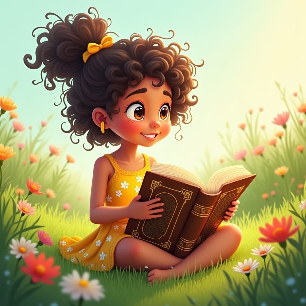 Girl Reading Book in Lush Meadow, Cartoon Illustration