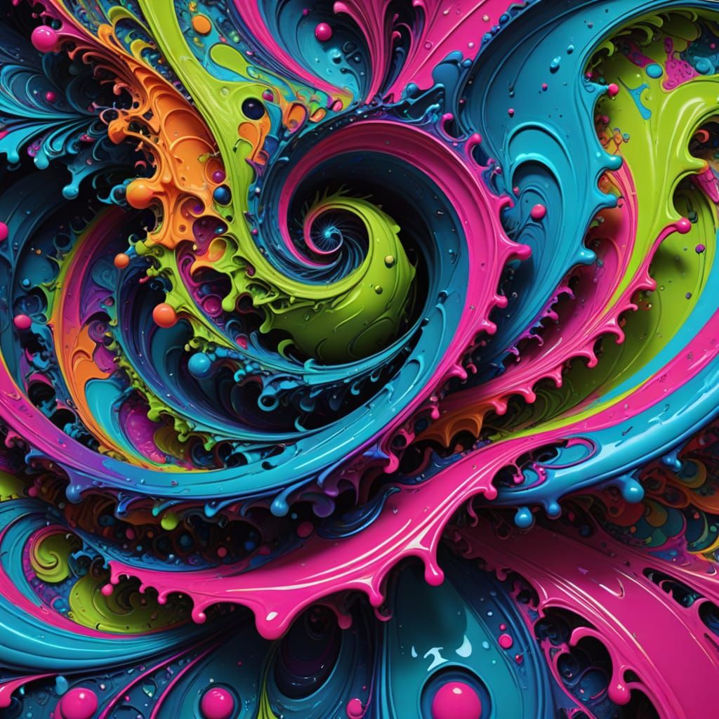 Electric Dreamscape: Close-up of Swirling Paint Fractals