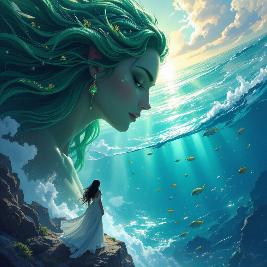 Giantess Gazes Over Ocean, Searching for Fish