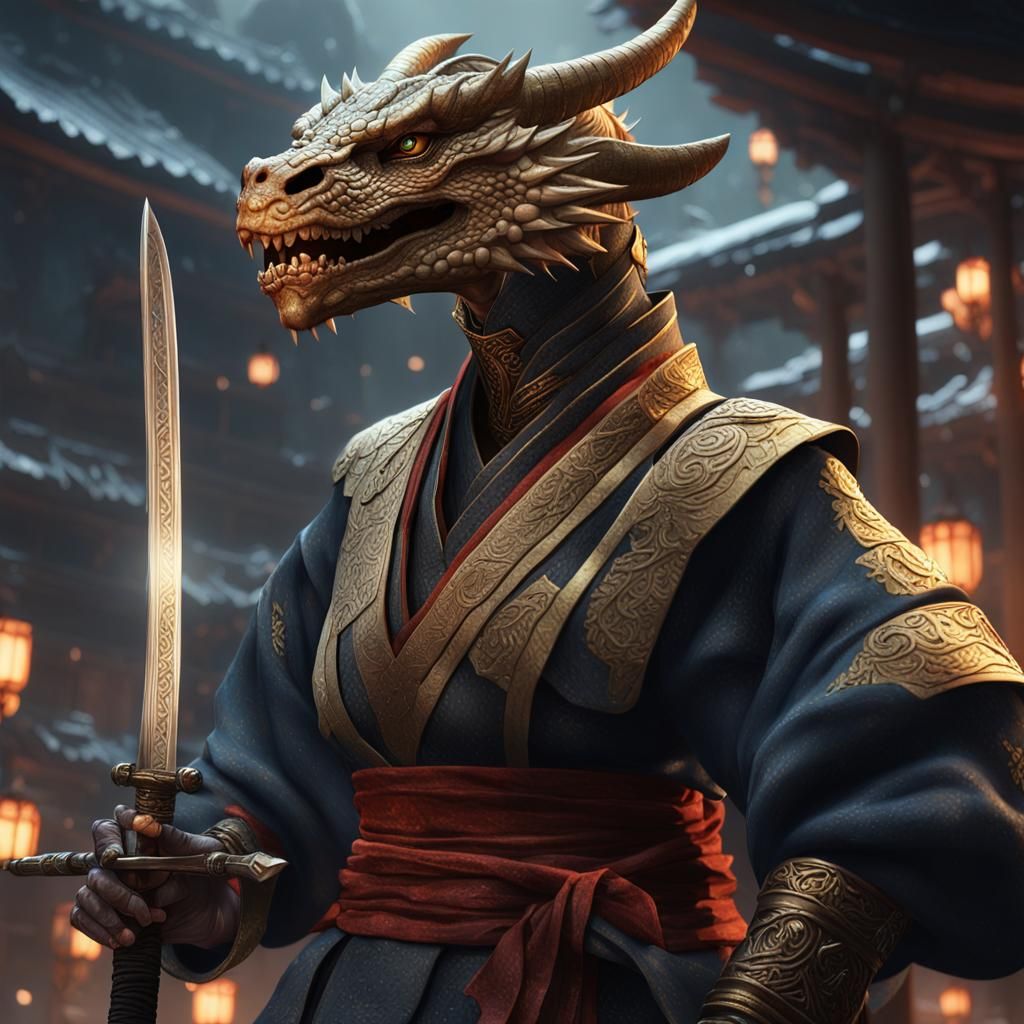 Dragonborn Samurai Portrait in Dark Fantasy Style