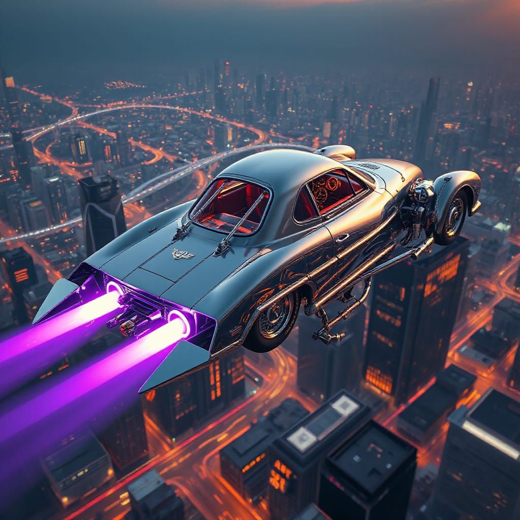 Atompunk Flying Car in Futuristic Skies