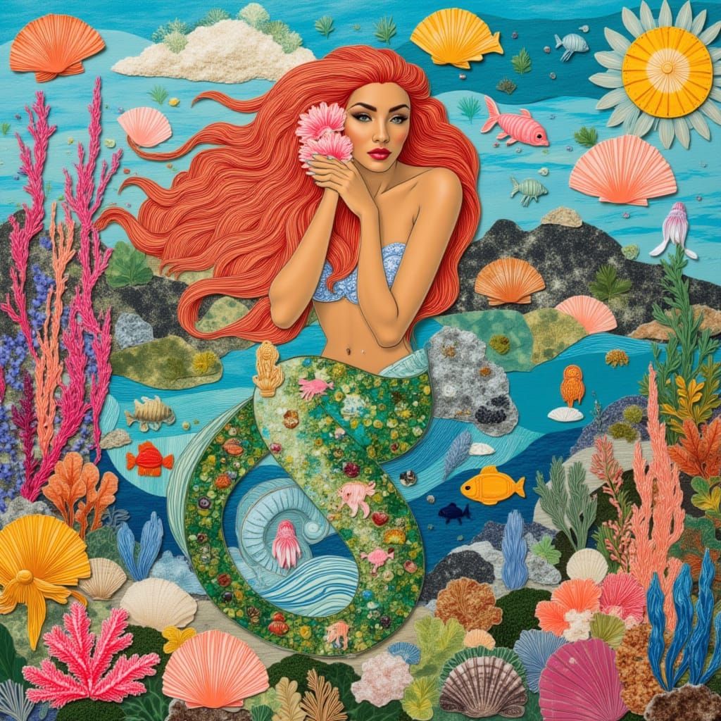 Whimsical Mermaid Collage of Underwater Landscape