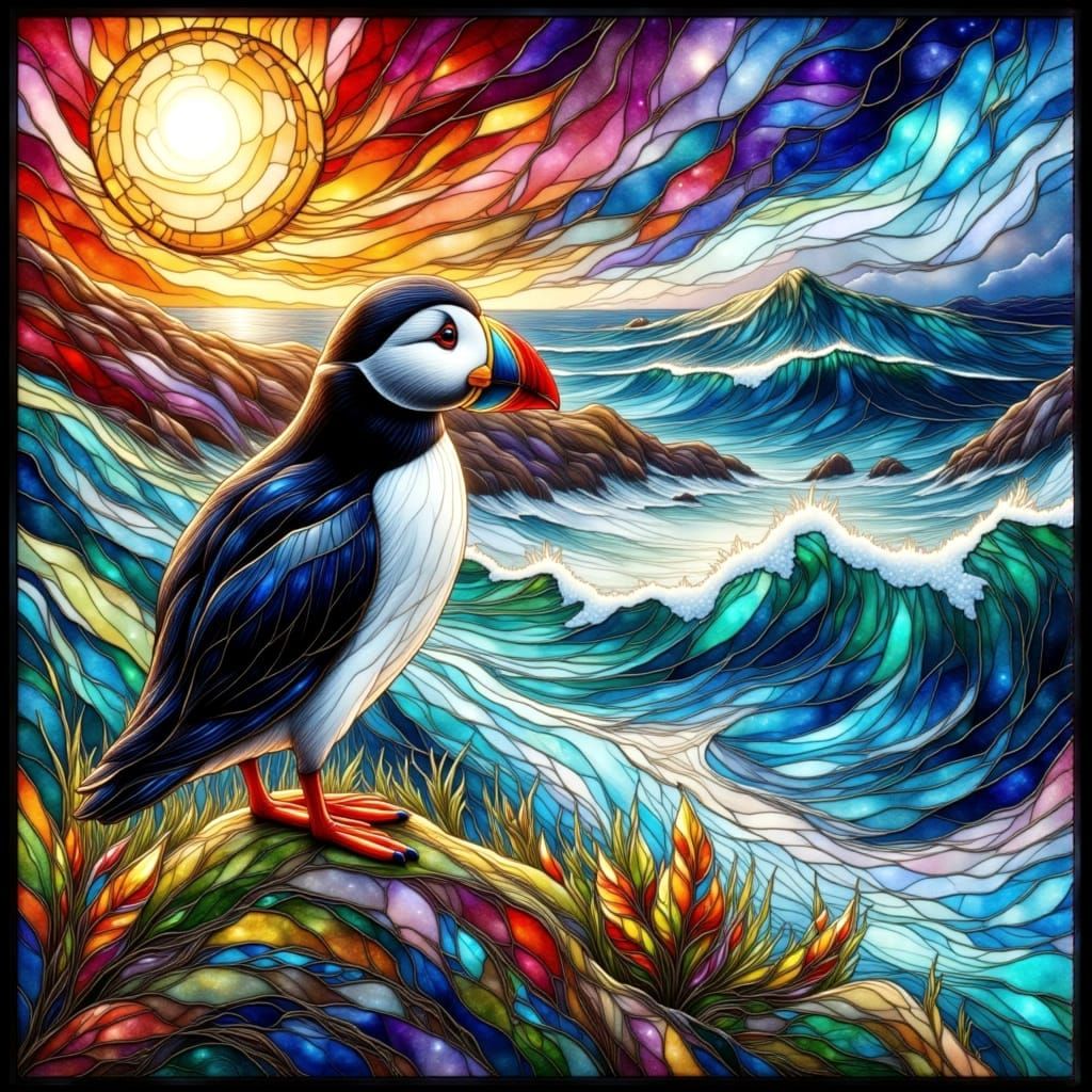 Puffin on Windy Cliff in Stained Glass Style