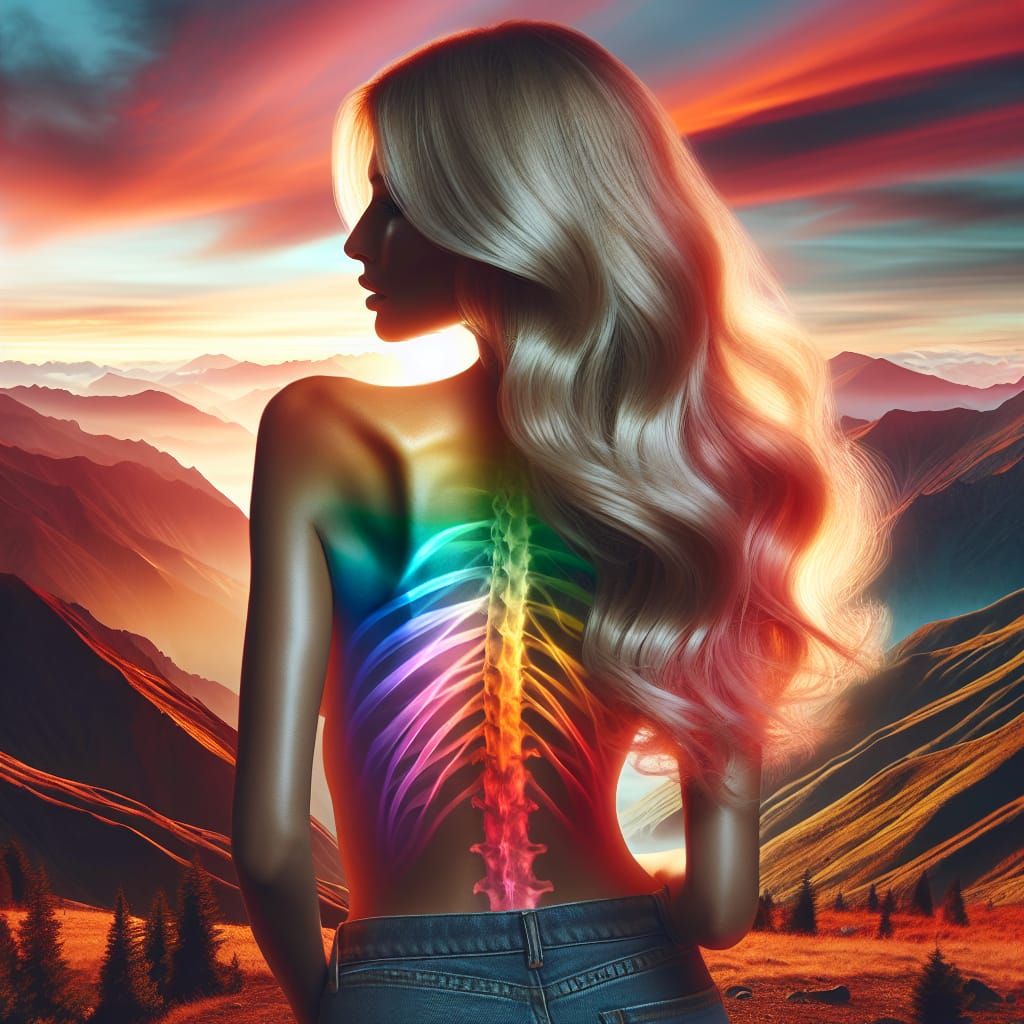 Woman Gazing at Rainbow Sunset Over Mountains