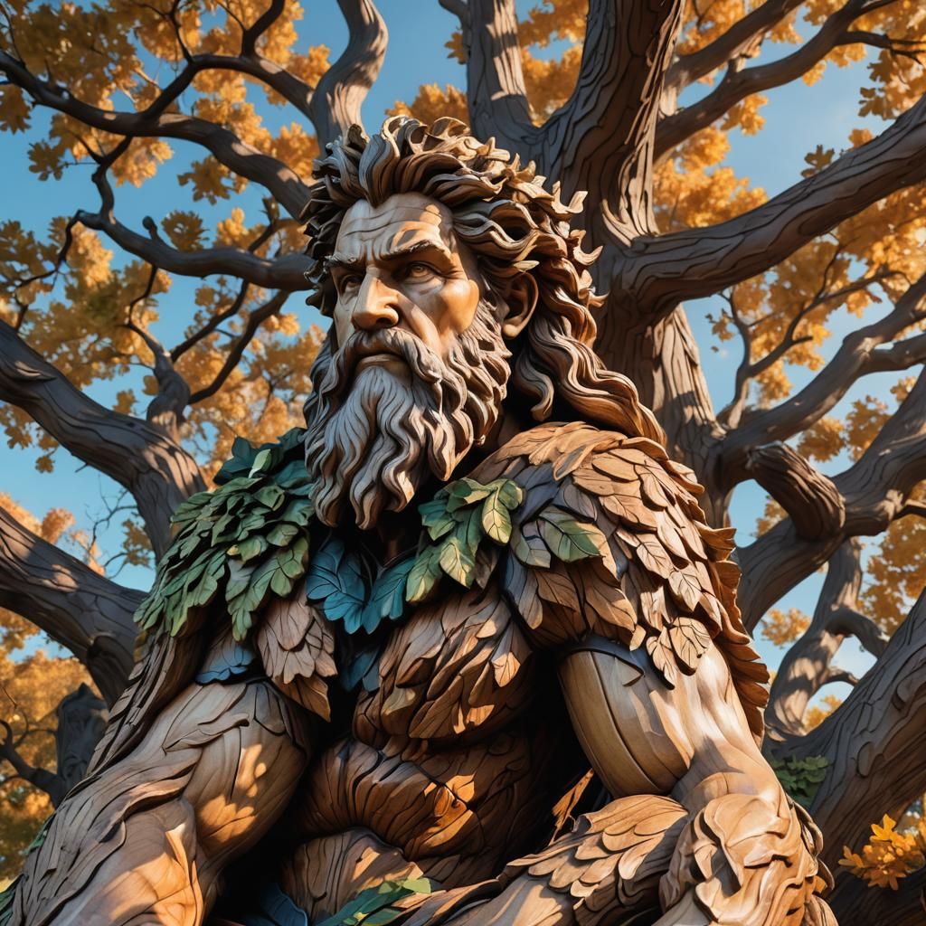 Zeus Sculpture on Oak Tree in Hyperrealistic Style