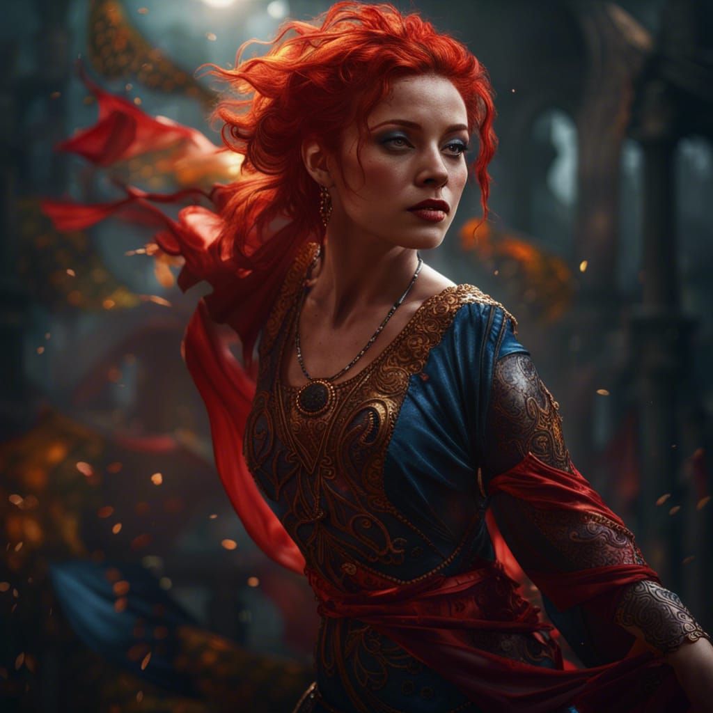 Redhead Dancer in Silks: Detailed Fantasy Art
