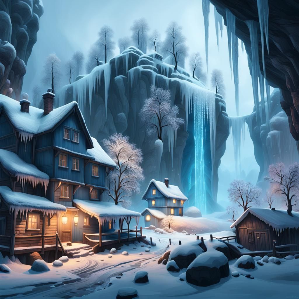 Snowy Village Landscape with Frozen Waterfall