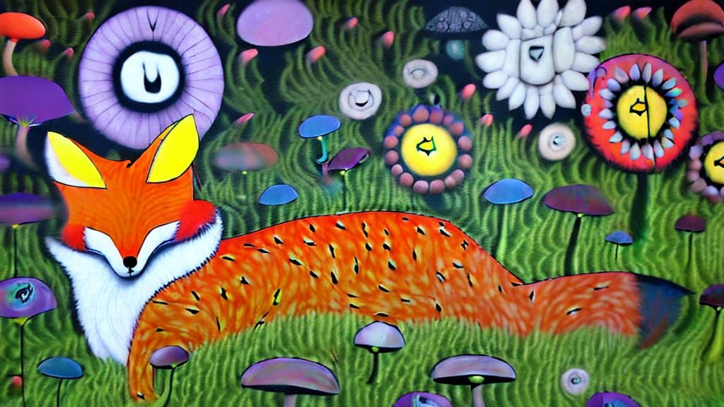 Surreal Fox Asleep in Apocalyptic City, Mixed Media Art