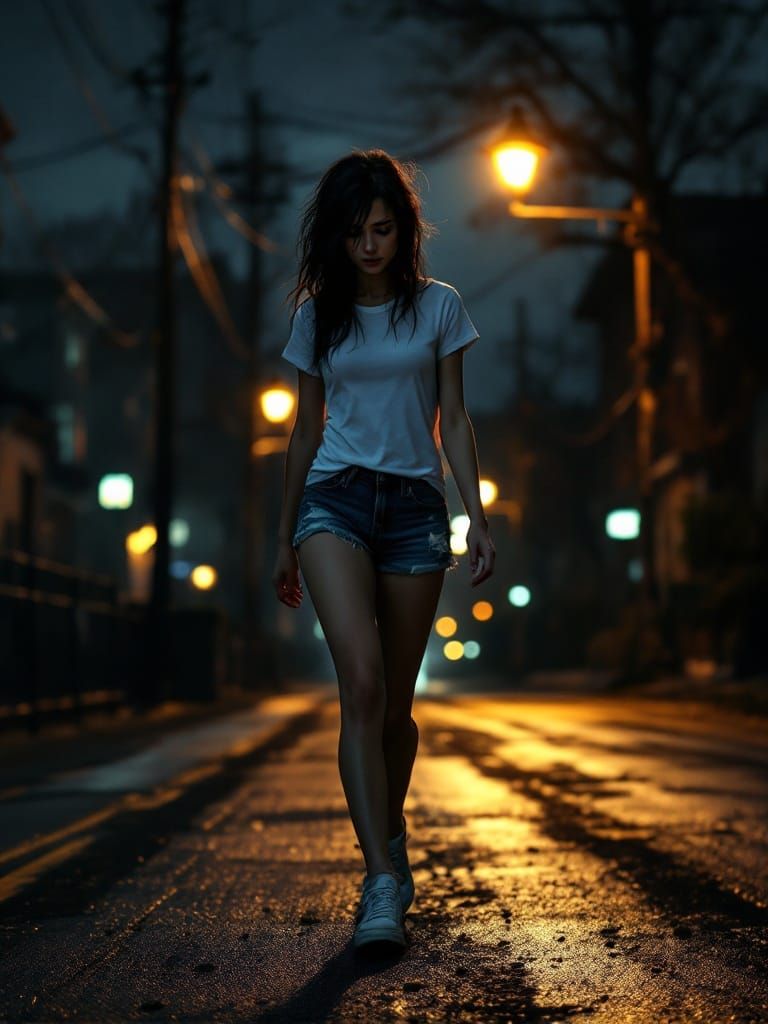 Young Woman Walks Down Deserted Street at Night