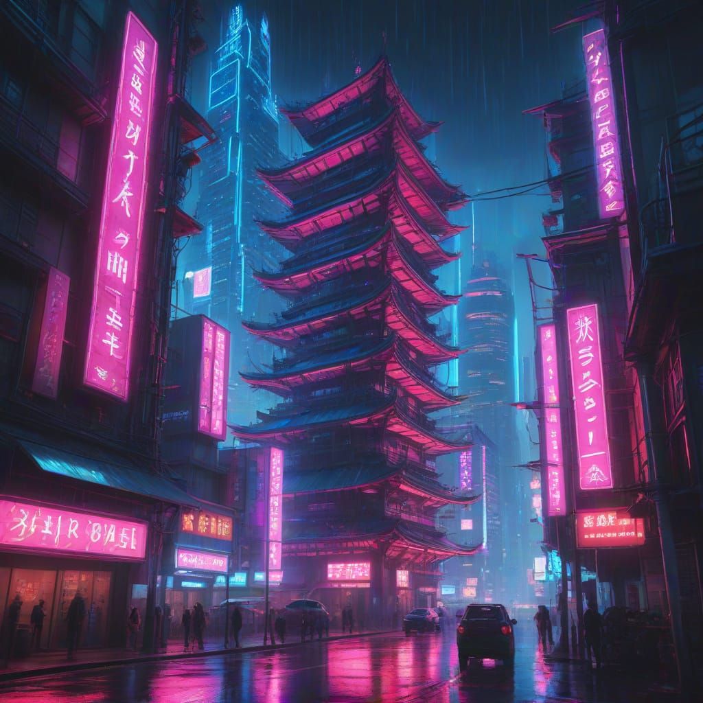 Neon Cyberpunk Pagoda Over Dystopian Cityscape