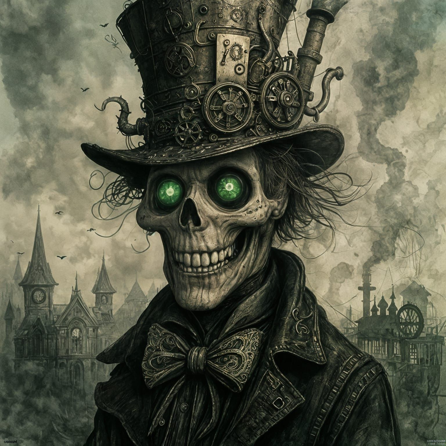 Steampunk Mad Hatter Skull in Dreamy Landscape