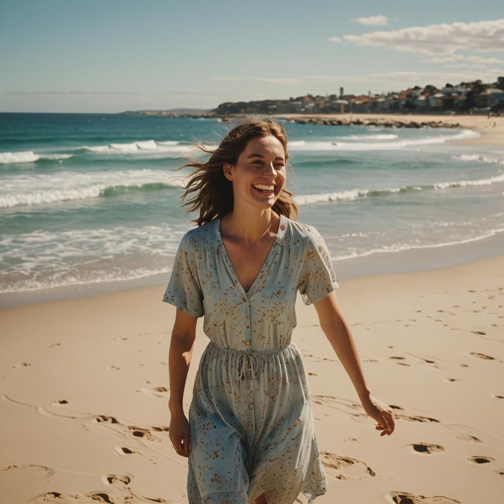 Smiling Woman on Bondi Beach in Cinematic Style