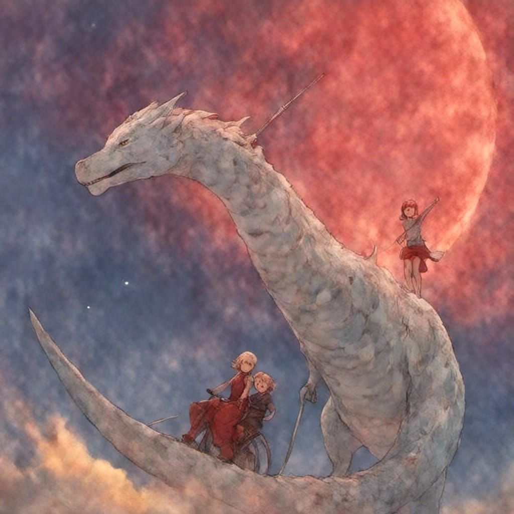 Mother and Daughter Ride Dragons to the Stars: Anime Art