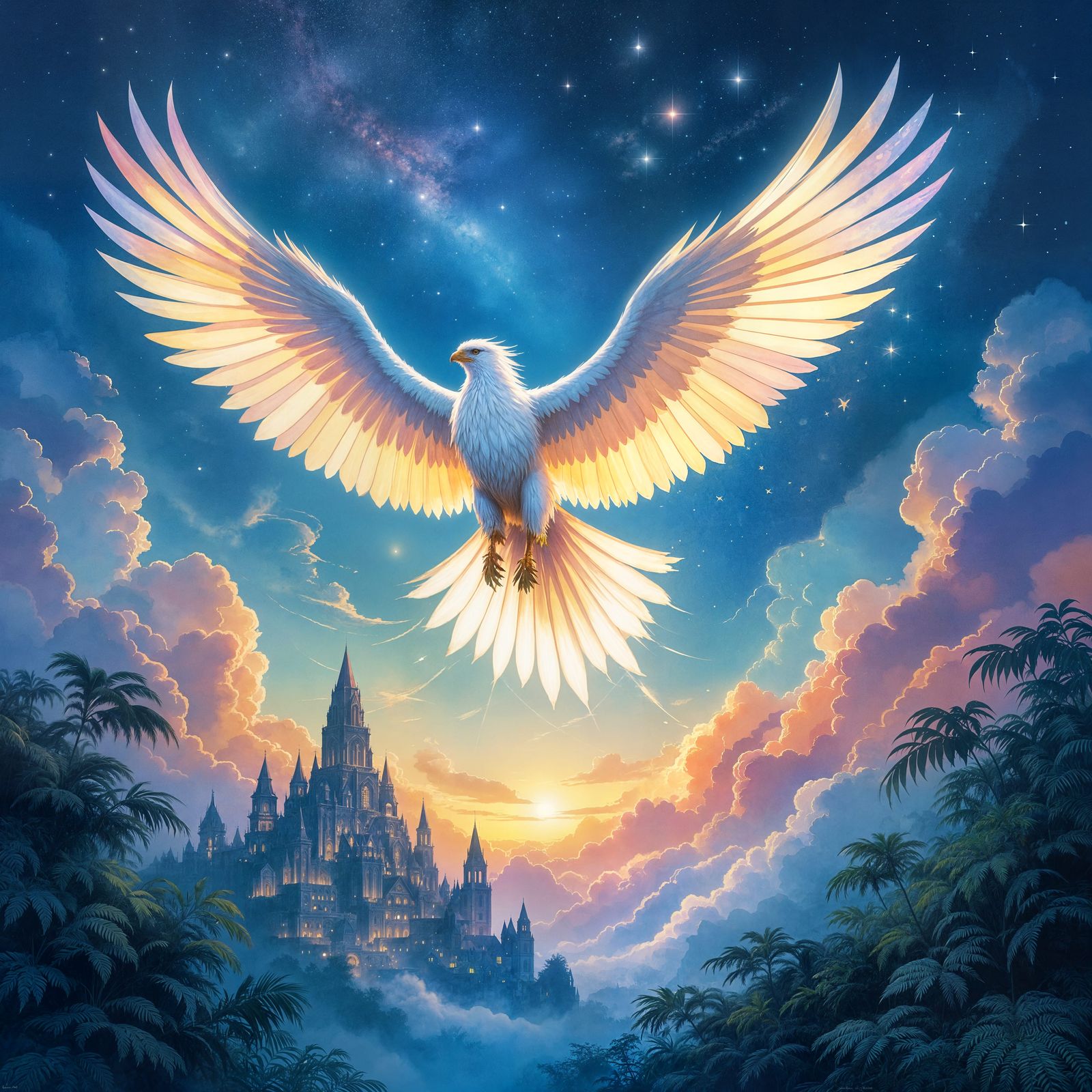 Majestic Griffin Soars Through Nebula Sky