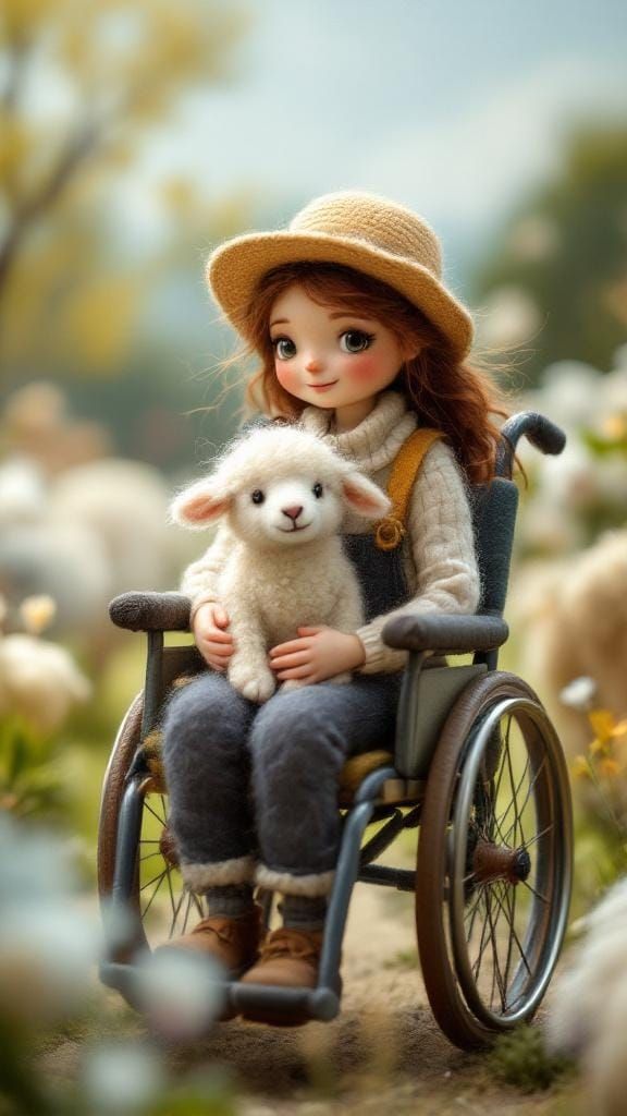 Felted Farmer Girl with Lamb in Whimsical Farm