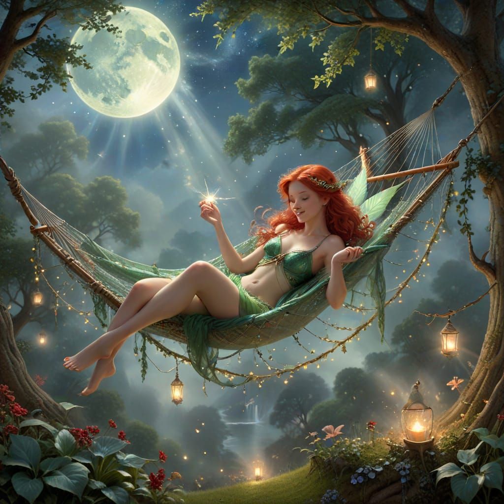Ethereal Fantasy Fairy in Whimsical Starlit Hammock
