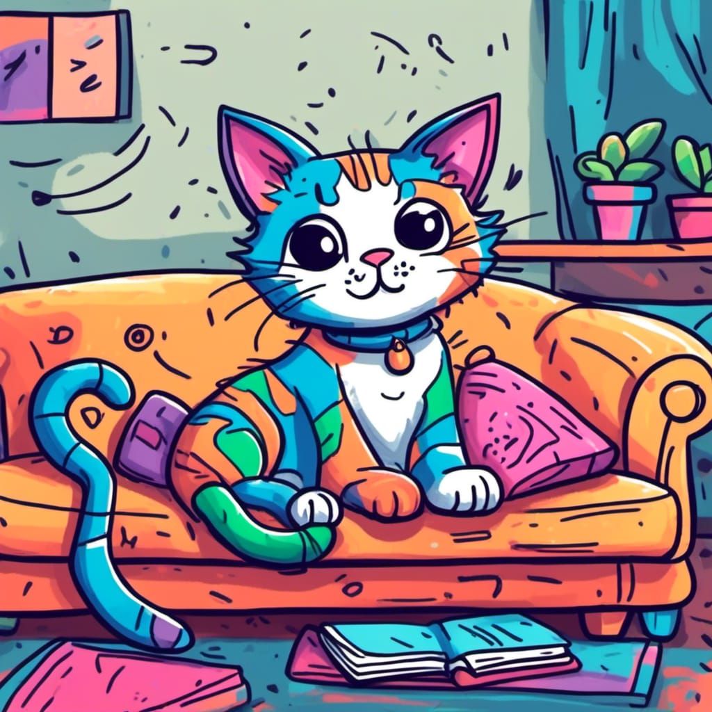 Cute Cat on Couch in Childhood Crayon Style