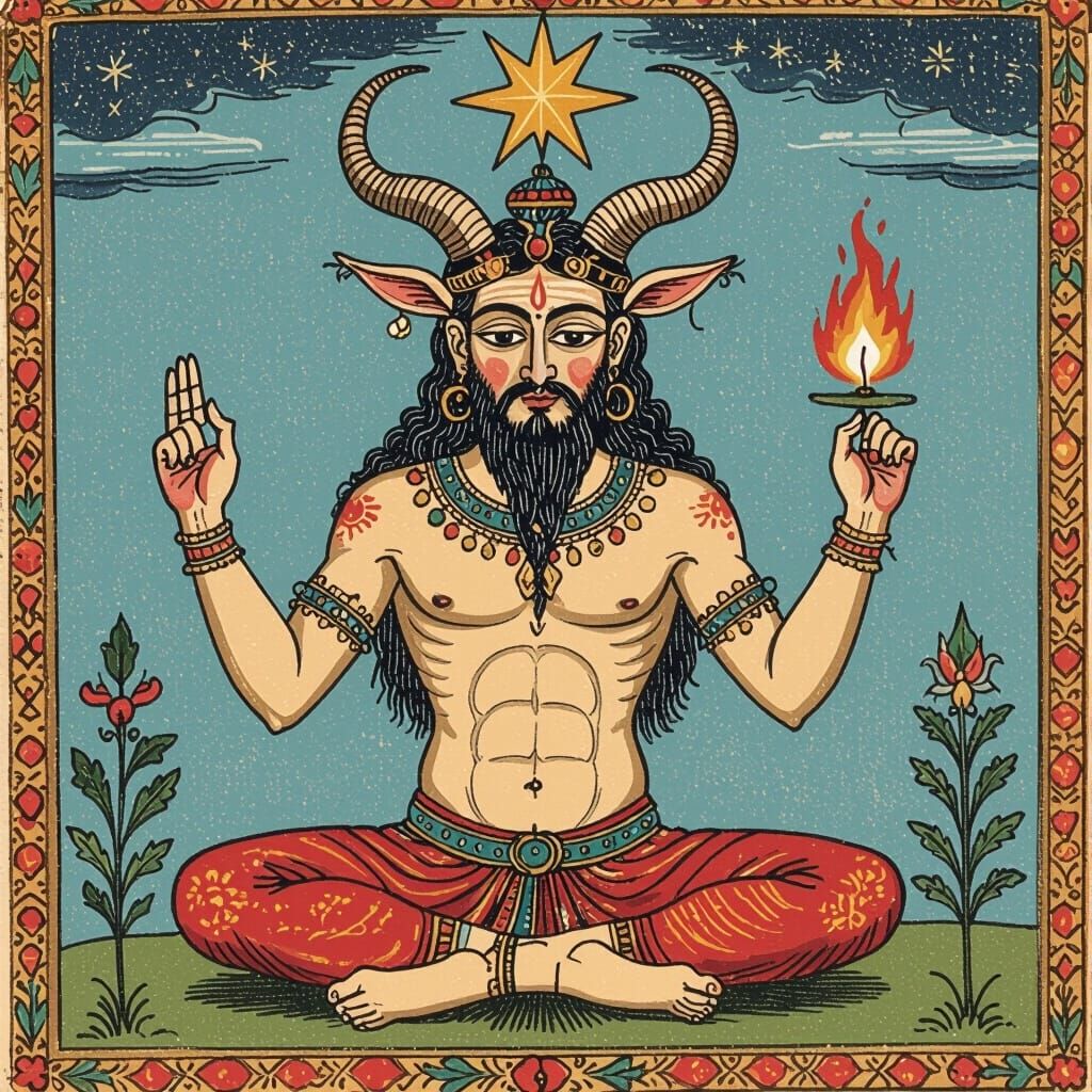 Mystical Goat Figure in Woodcut Style