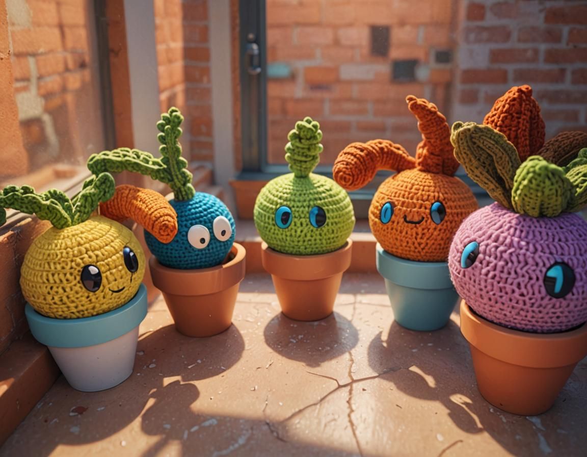 Cute Crochet Bulbs in Terracotta Pots: 3D Digital Art