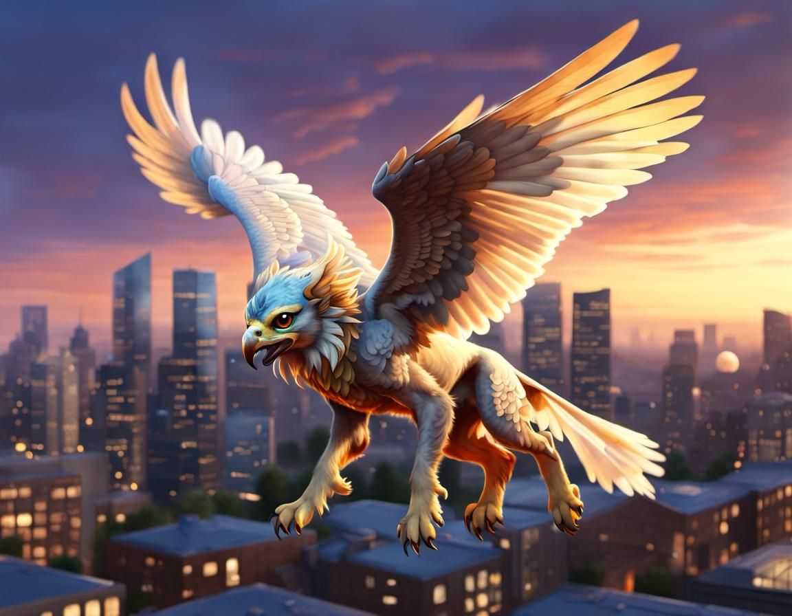 Stylized City Fantastical Gryphon Takes Flight at Dusk