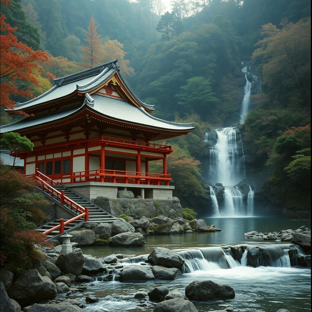 Surreal Japanese Temple Amidst Cascading Waterfall in Cinema...